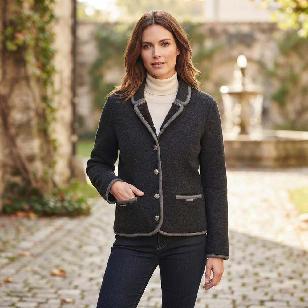 Vintage Geiger Austria Sz M 100% Boiled Wool Black Jacket Cardigan EU 42